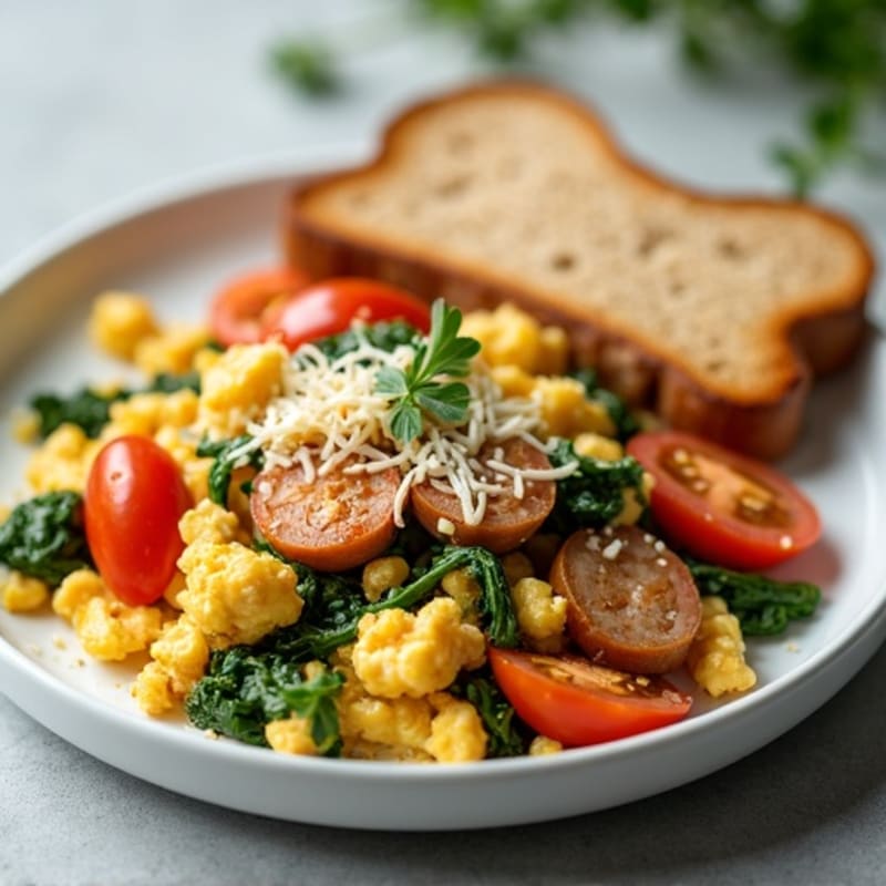 Egg White and Chicken Sausage Scramble with Spinach and Tomatoes