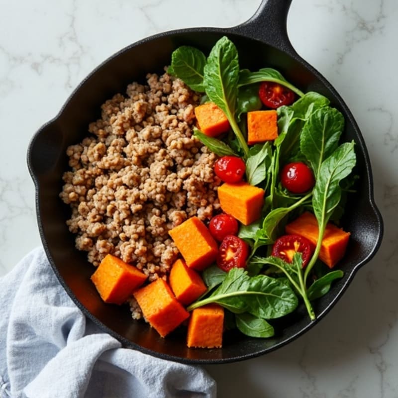 Lean Ground Turkey Skillet with Crispy Sweet Potatoes and Fresh Greens