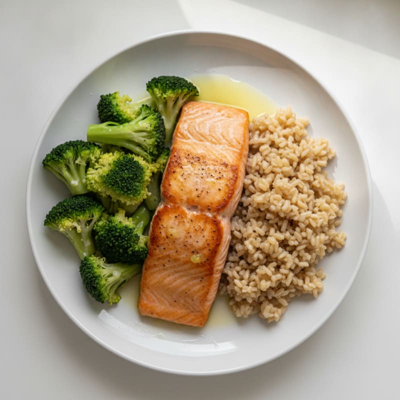 Seared Salmon with Steamed Broccoli and Brown Rice