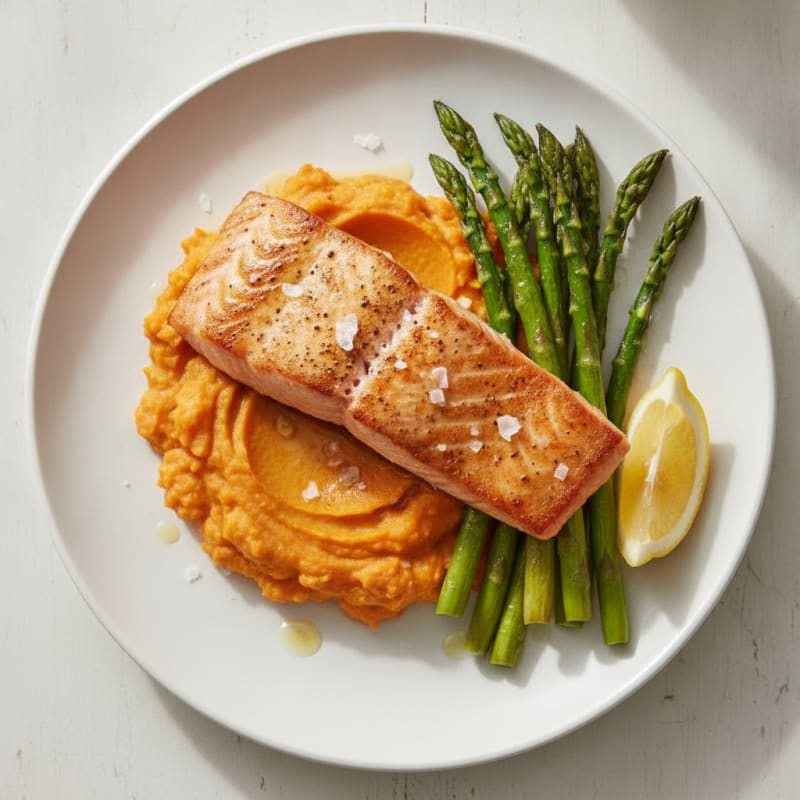 Seared Salmon Fillet with Roasted Asparagus and Sweet Potato Mash