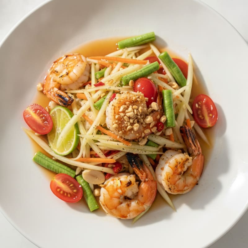 Spicy Green Papaya Salad with Grilled Shrimp