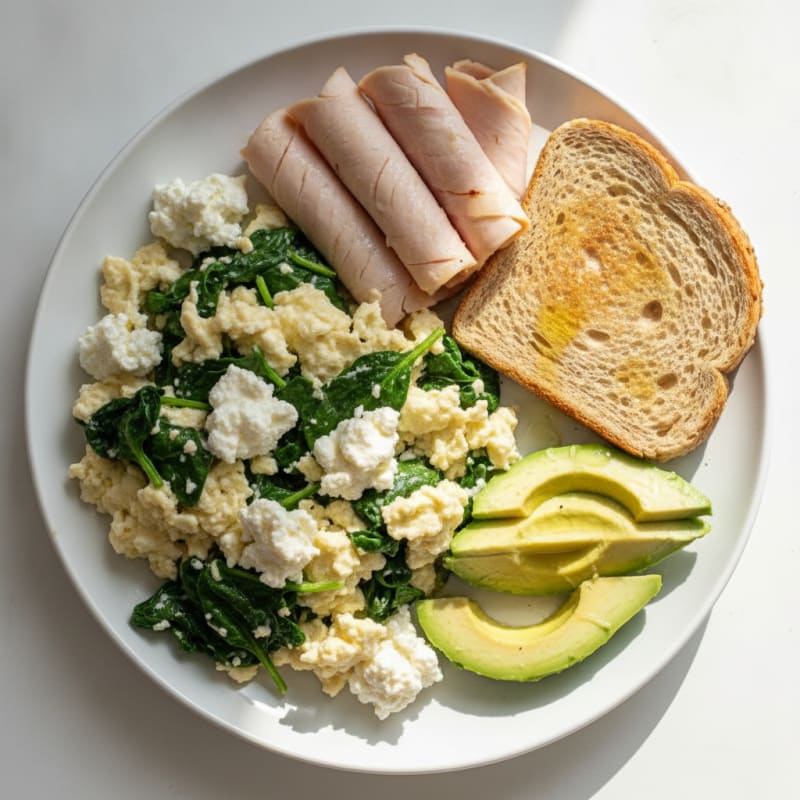 Egg White Spinach Scramble with Cottage Cheese and Sliced Turkey