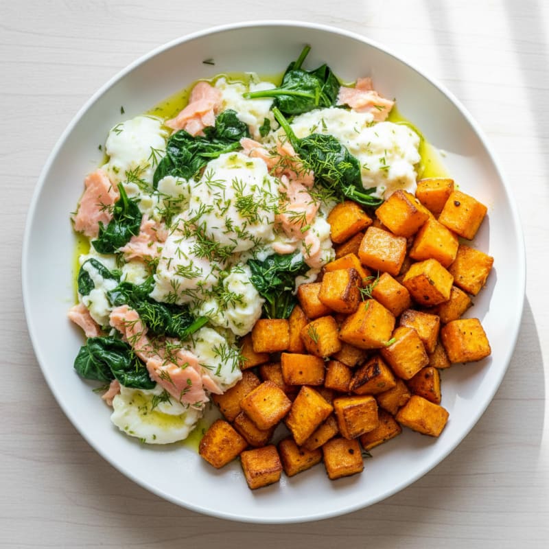 Scrambled Egg Whites with Sautéed Spinach and Roasted Sweet Potato