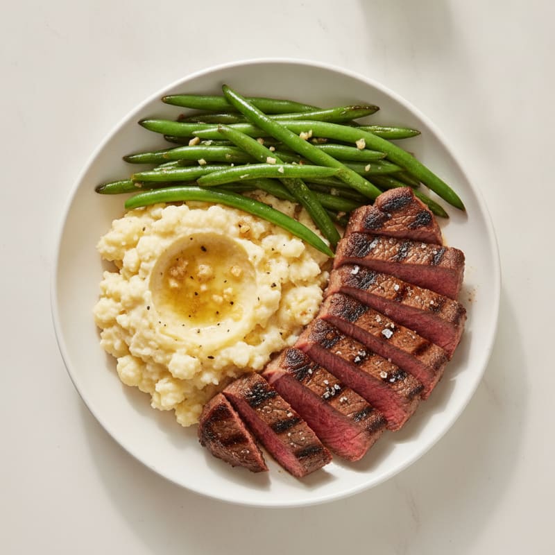 Seared Sirloin with Garlic Green Beans and Cauliflower Mash