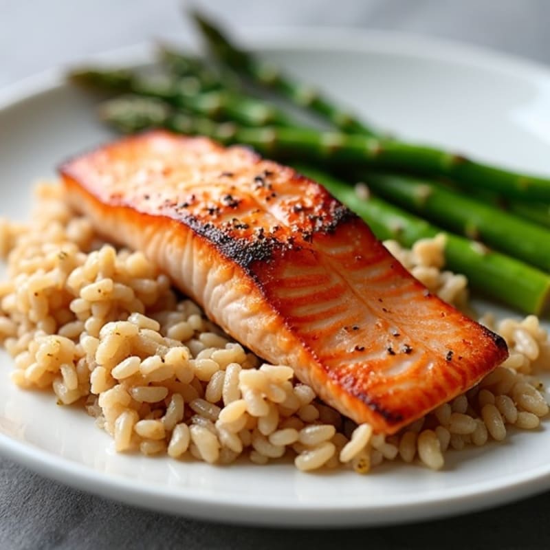 Seared Salmon with Steamed Asparagus and Brown Rice