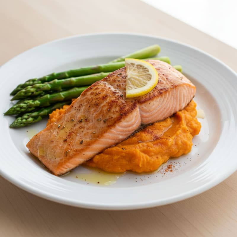 Seared Salmon Fillet with Steamed Asparagus and Sweet Potato Mash