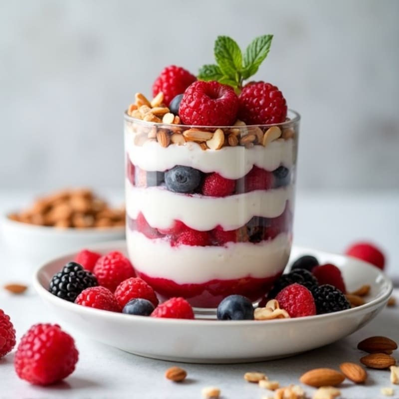 Greek Yogurt Protein Parfait with Mixed Berries and Almonds