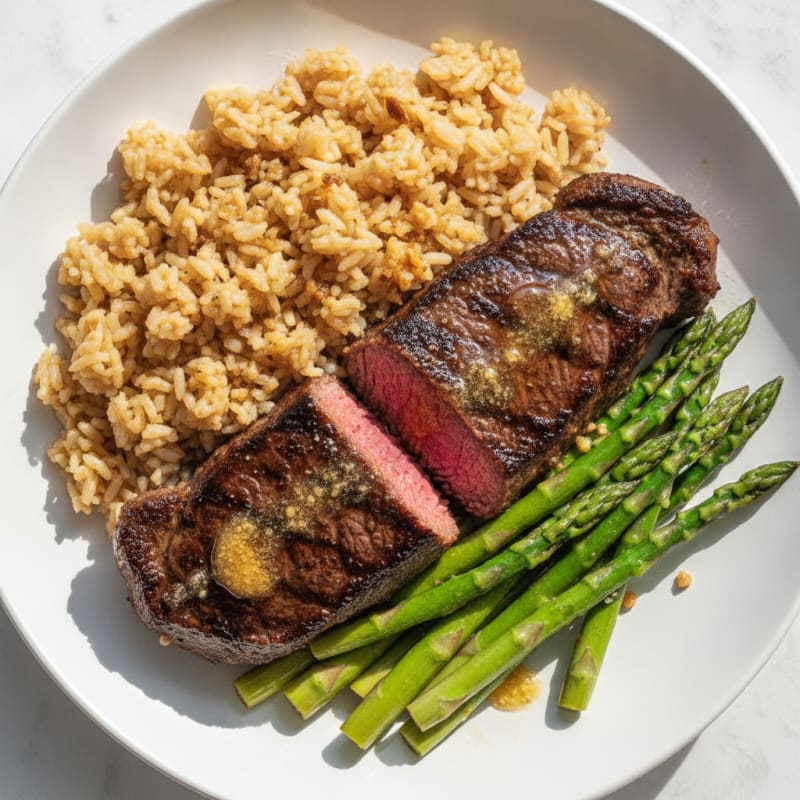 Seared Steak with Garlic Rice and Steamed Asparagus