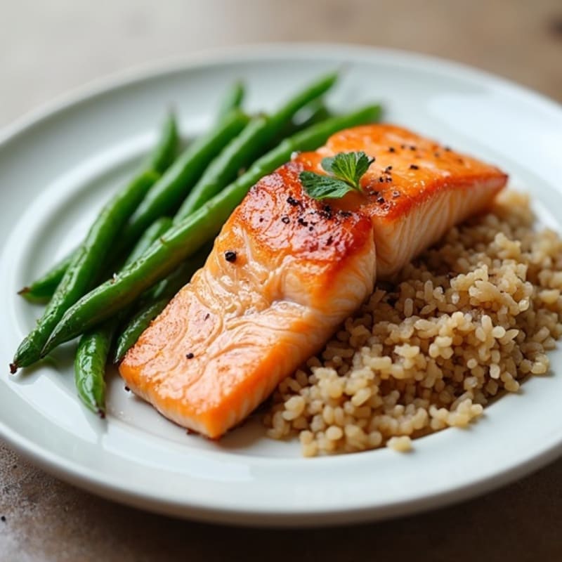 Seared Salmon Fillet with Steamed Green Beans and Brown Rice