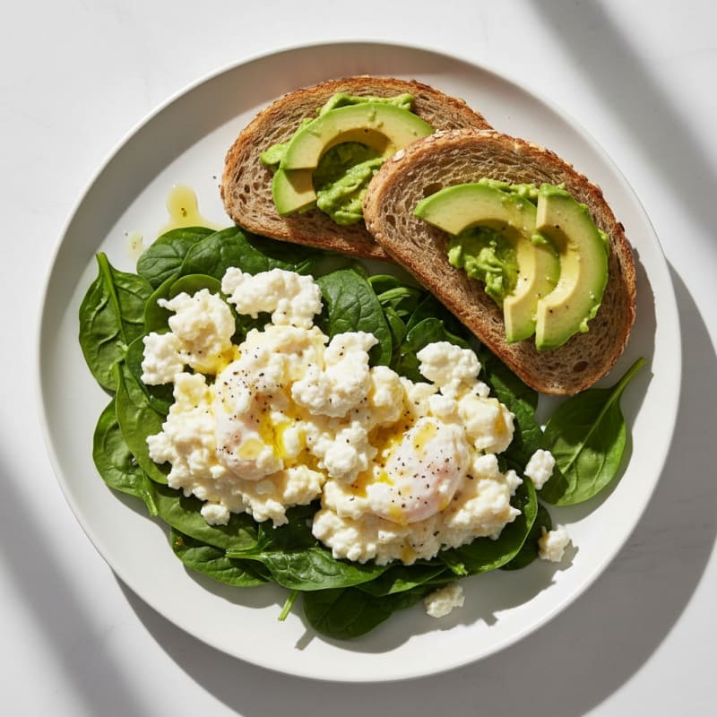 Scrambled Eggs with Cottage Cheese and Sautéed Spinach