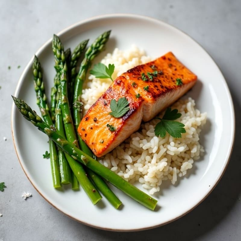 Seared Salmon with Herb Rice and Steamed Asparagus