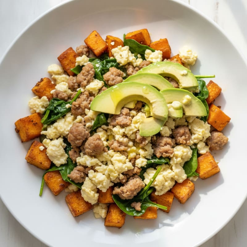 Egg White and Turkey Sausage Scramble with Roasted Sweet Potatoes