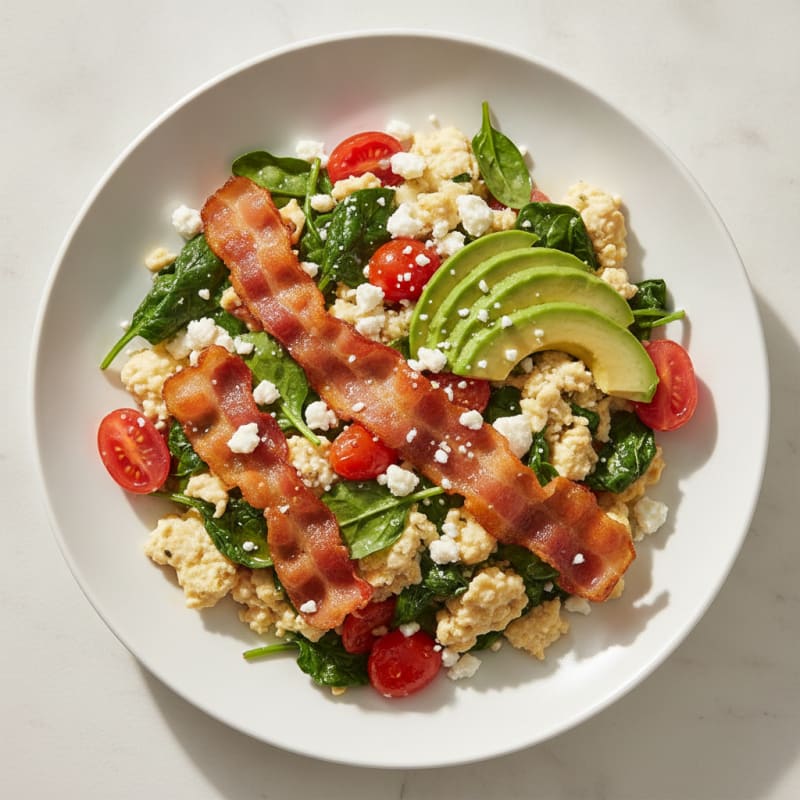 Crispy Turkey Bacon Egg White Scramble with Spinach and Tomatoes