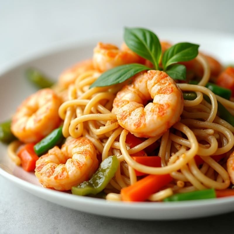 Shrimp Noodle Stir-Fry with Creamy Peanut Sauce and Fresh Veggies