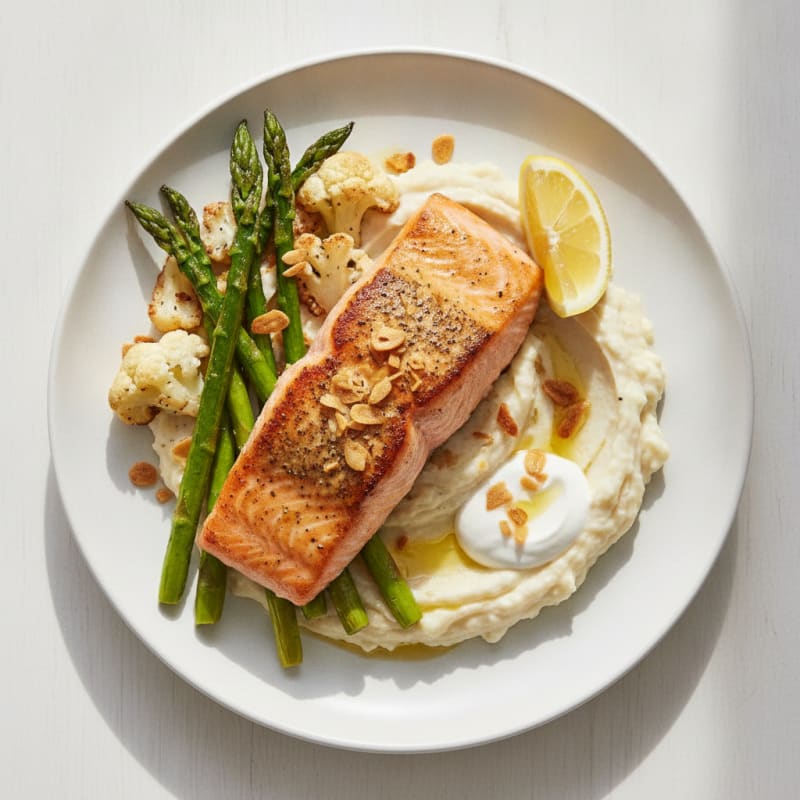 Seared Salmon Fillet with Roasted Asparagus and Cauliflower Mash