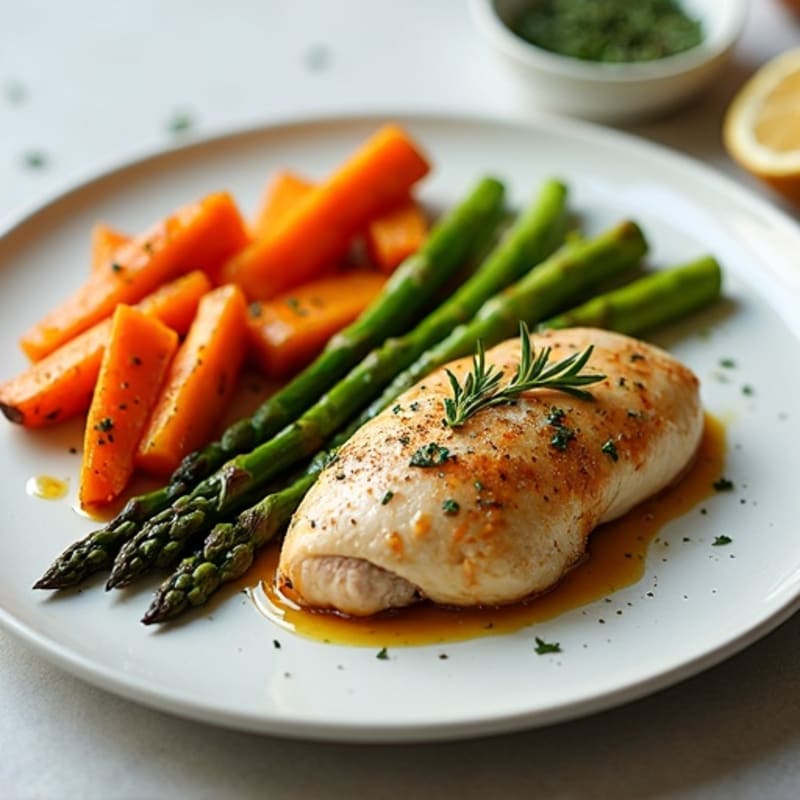 Herb-Roasted Chicken with Roasted Asparagus and Sweet Potatoes