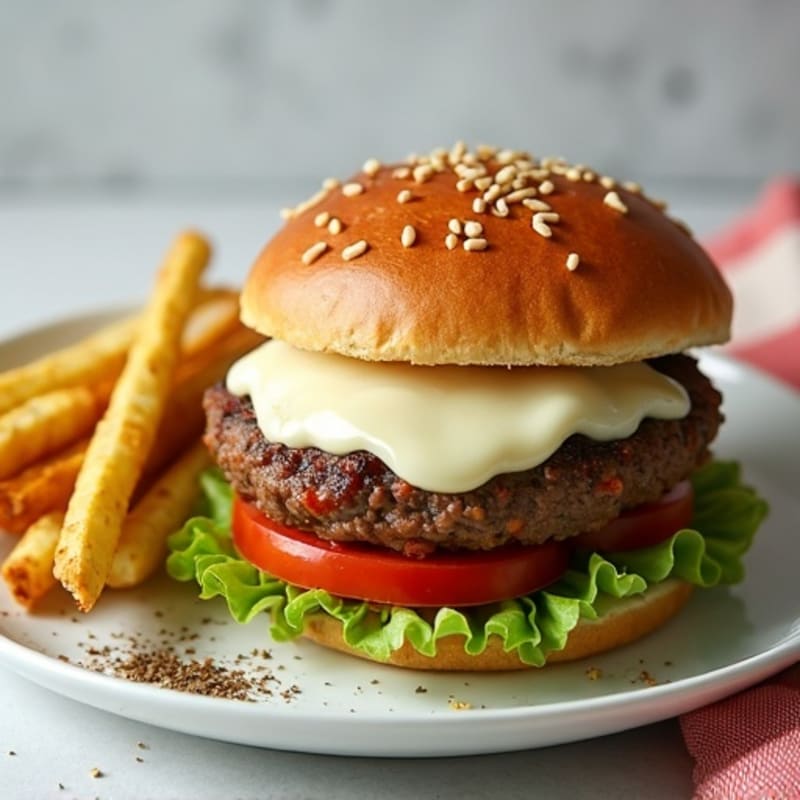 Lean Ground Beef Burger with Melted Mozzarella and Crispy Zucchini Sticks