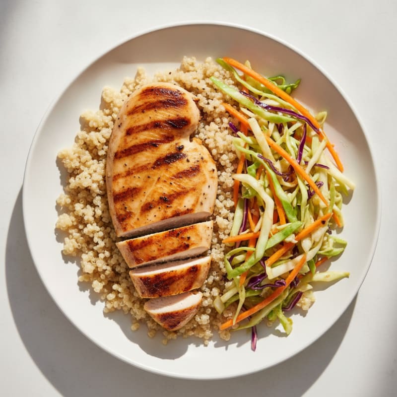 Grilled Chicken Breast with Crunchy Cabbage Slaw and Quinoa