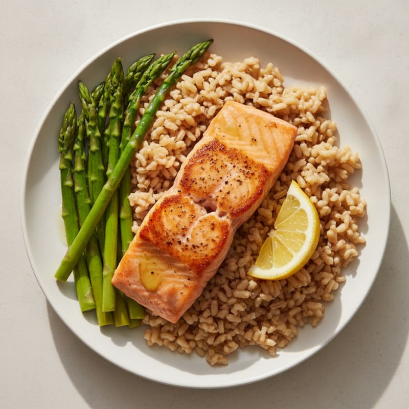 Seared Salmon with Steamed Asparagus and Brown Rice