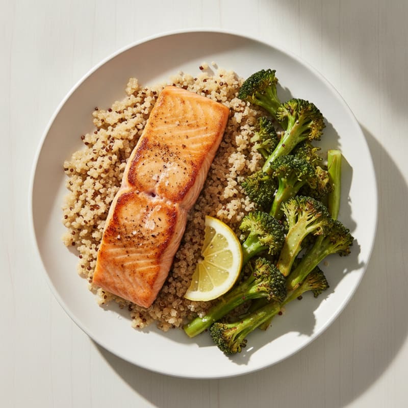 Seared Salmon Fillet with Roasted Broccoli and Quinoa