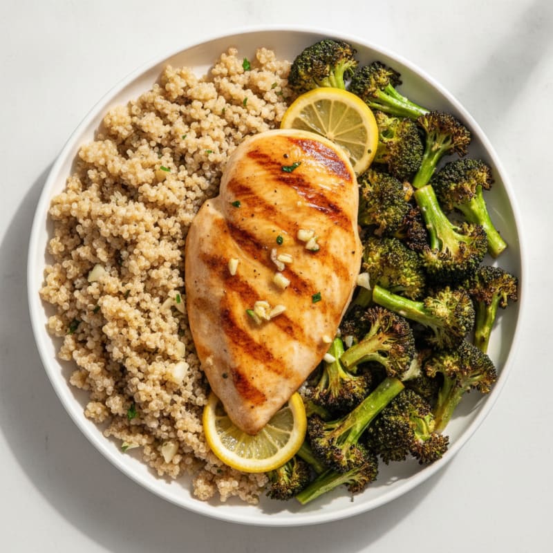 Grilled Lemon-Garlic Chicken Breast with Quinoa and Roasted Broccoli