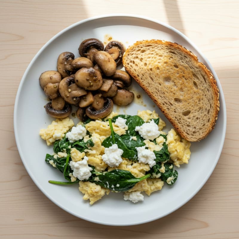Egg White Spinach Scramble with Cottage Cheese and Sautéed Mushrooms