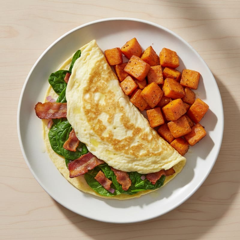 Crispy Turkey Bacon and Spinach Egg White Omelet with Roasted Sweet Potatoes