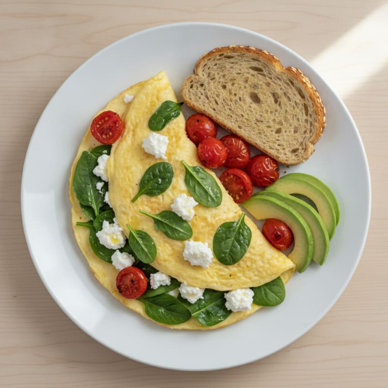 Egg White Spinach Omelette with Cottage Cheese and Cherry Tomatoes