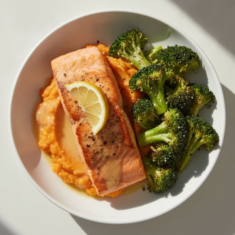 Seared Salmon with Roasted Broccoli and Sweet Potato Mash