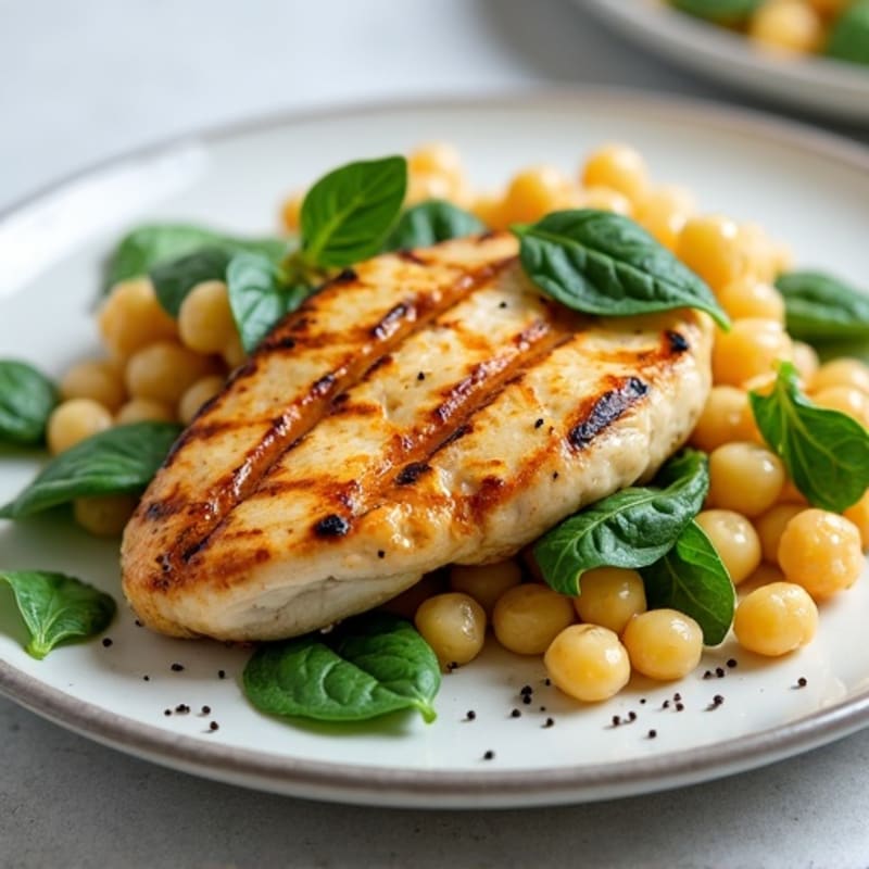 Grilled Chicken Breast with Spinach and Chickpea Pasta Salad