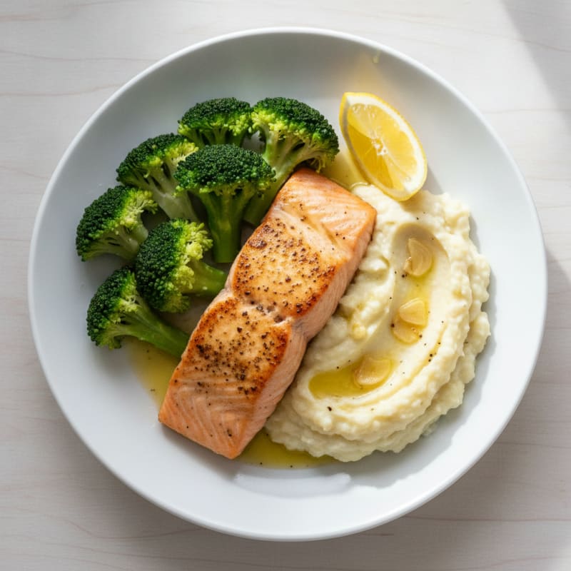 Seared Salmon with Steamed Broccoli and Garlic Mashed Cauliflower