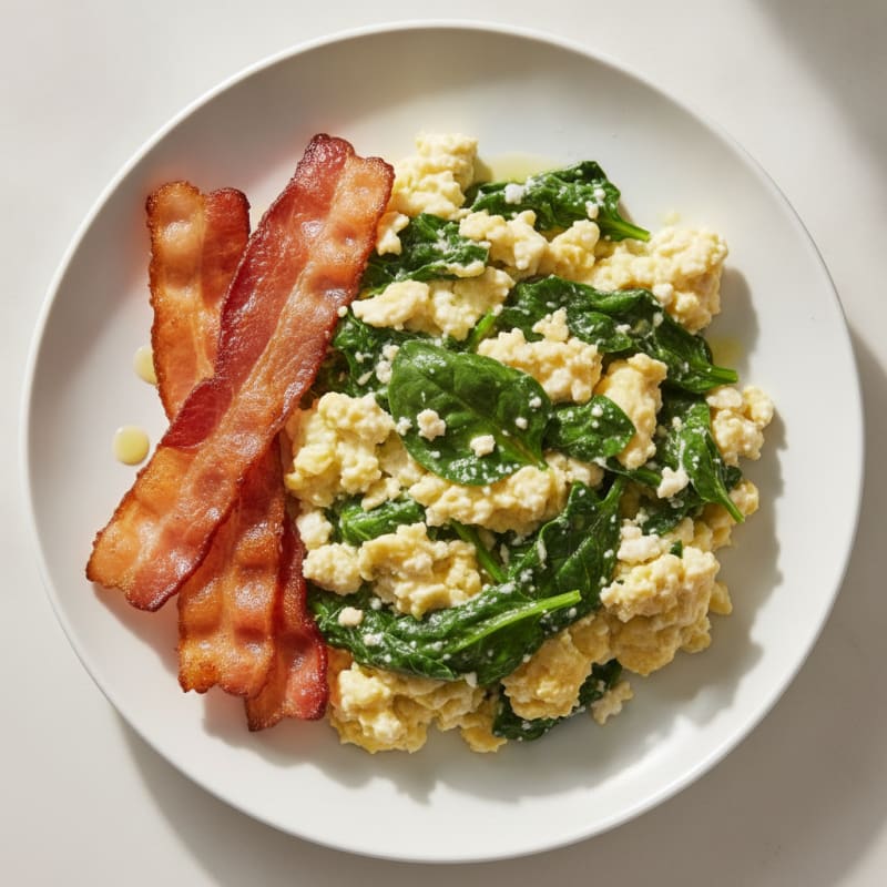 Cottage Cheese Egg Scramble with Sautéed Spinach and Turkey Bacon