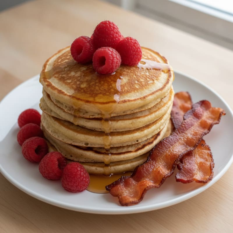 Fluffy Buttermilk-Style Protein Pancakes with Turkey Bacon