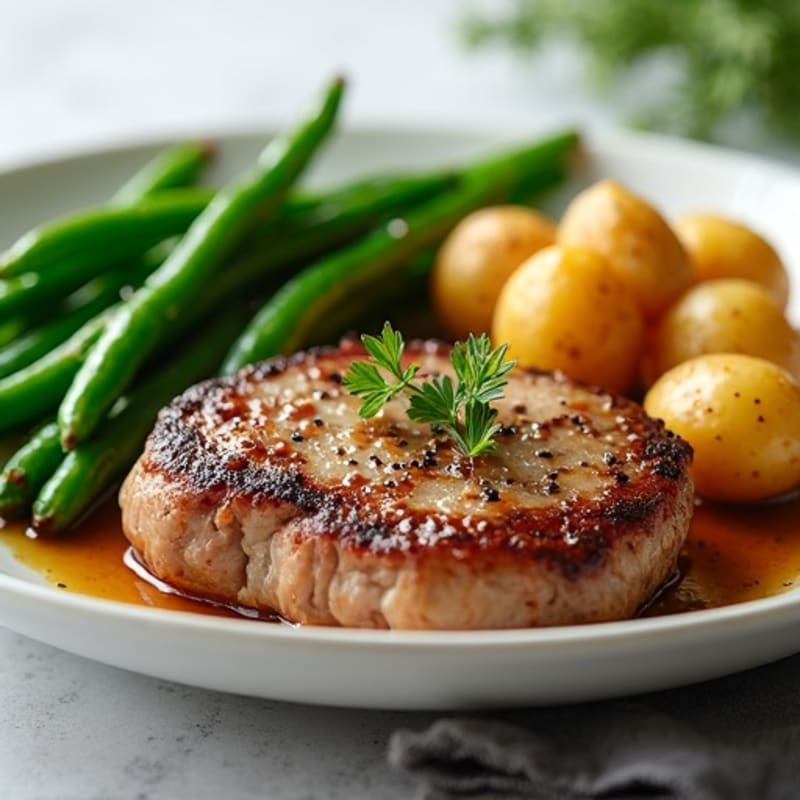 Pan-Seared Garlic Butter Steak with Crispy Roasted Potatoes and Fresh Green Beans