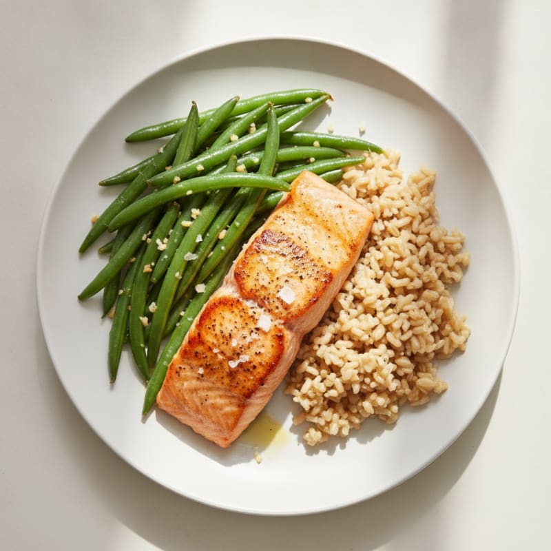 Seared Salmon with Garlic Green Beans and Brown Rice