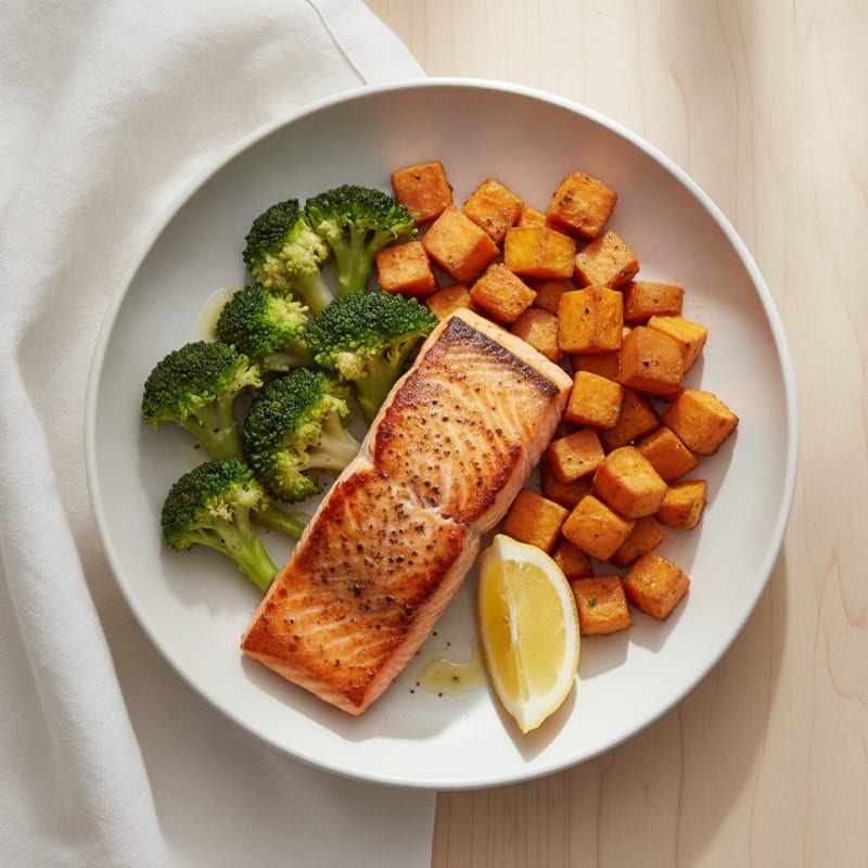 Seared Salmon with Roasted Sweet Potato and Broccoli