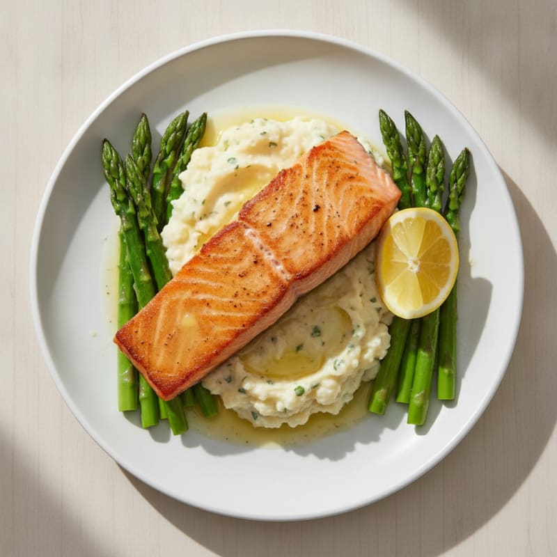 Seared Salmon Fillet with Steamed Asparagus and Garlic Mashed Cauliflower