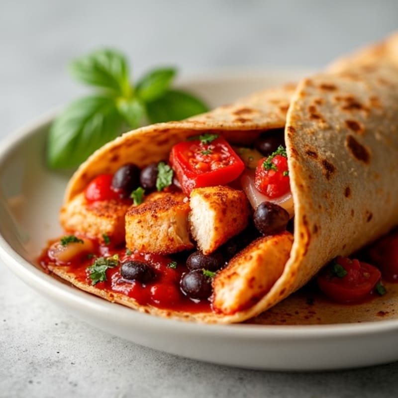 Baked Chicken and Black Bean Stuffed Whole Wheat Tortillas with Spicy Red Sauce