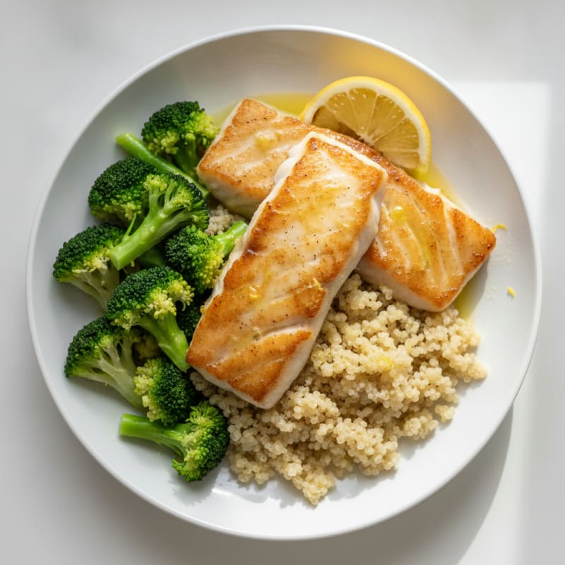 Seared Cod with Steamed Broccoli and Quinoa