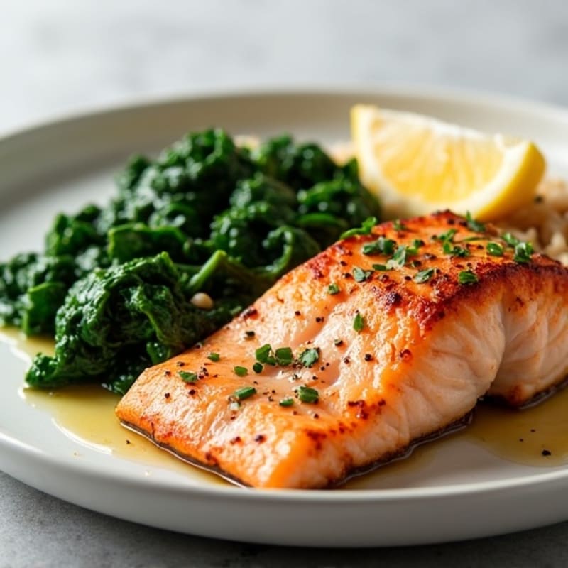 Seared Salmon with Brown Rice and Sautéed Spinach