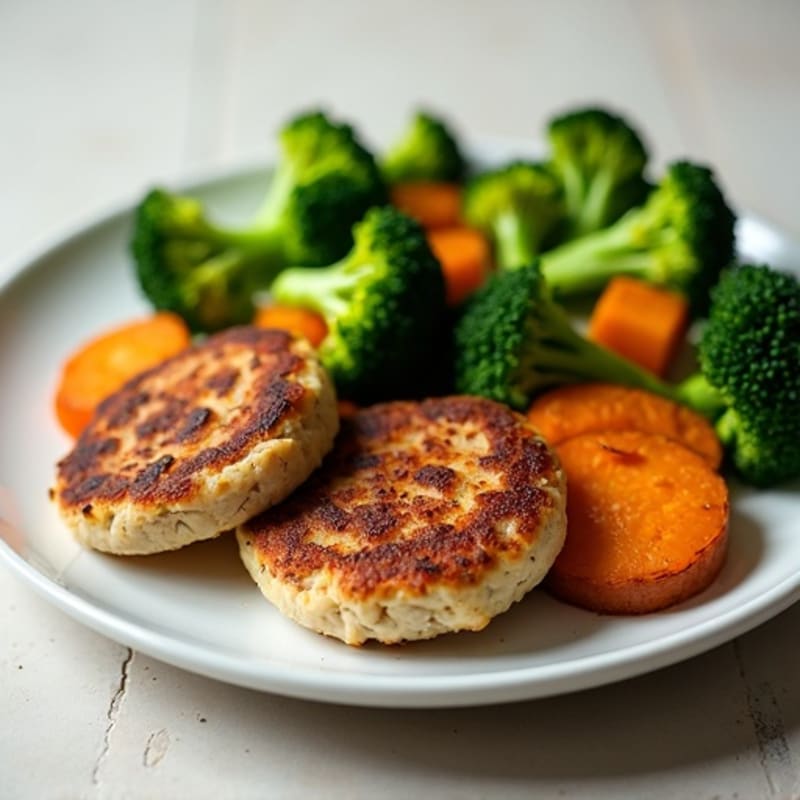 Seared Turkey Patties with Roasted Sweet Potato and Steamed Broccoli