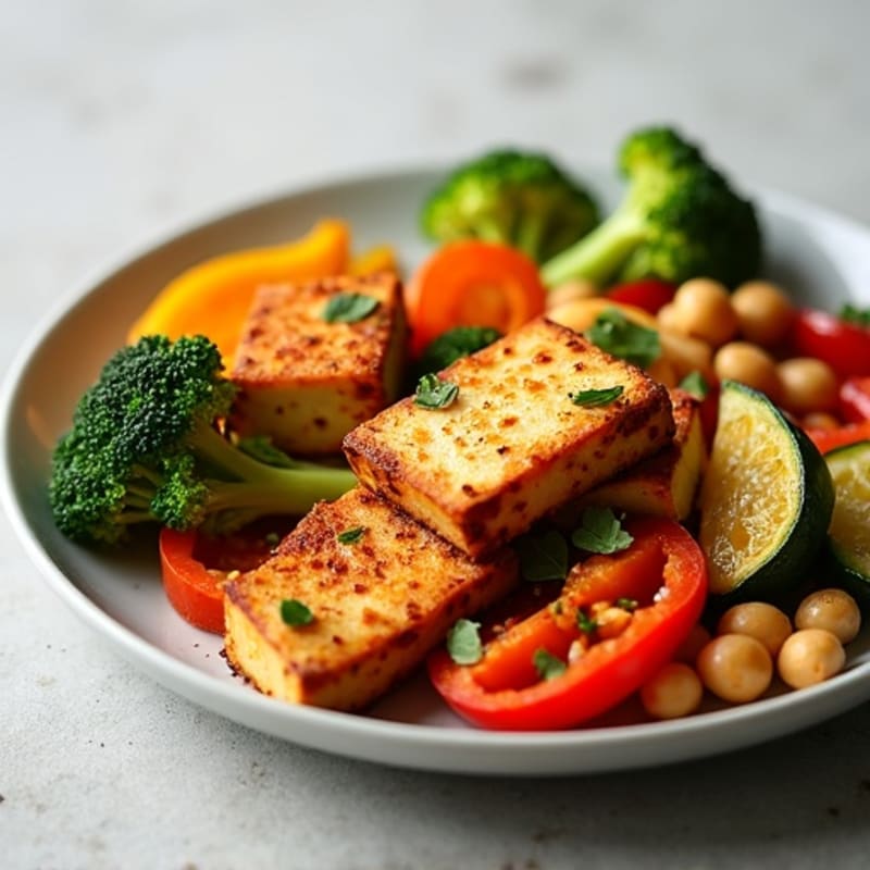 Crispy Garlic-Ginger Tofu with Roasted Vegetables
