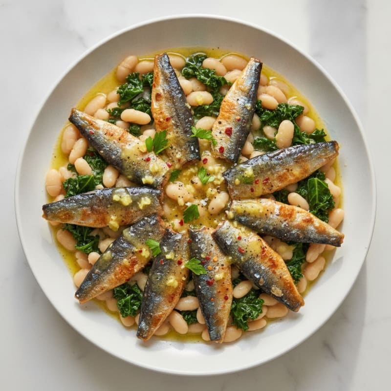 Pan-Seared Sardines with Garlicky White Beans