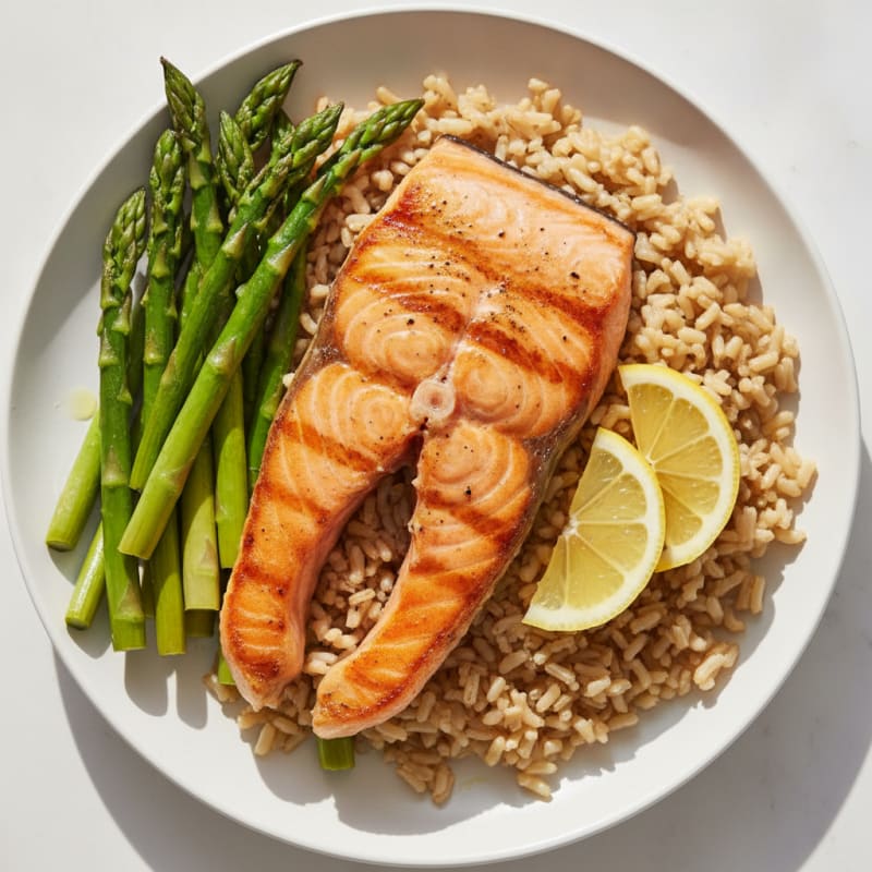 Seared Salmon Filet with Steamed Asparagus and Brown Rice