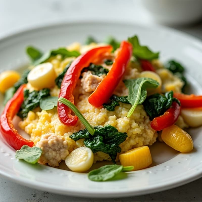 Egg White and Turkey Spinach Scramble with Sautéed Peppers
