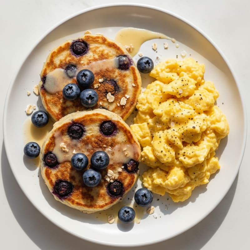 Blueberry Cottage Cheese Pancakes with Scrambled Eggs