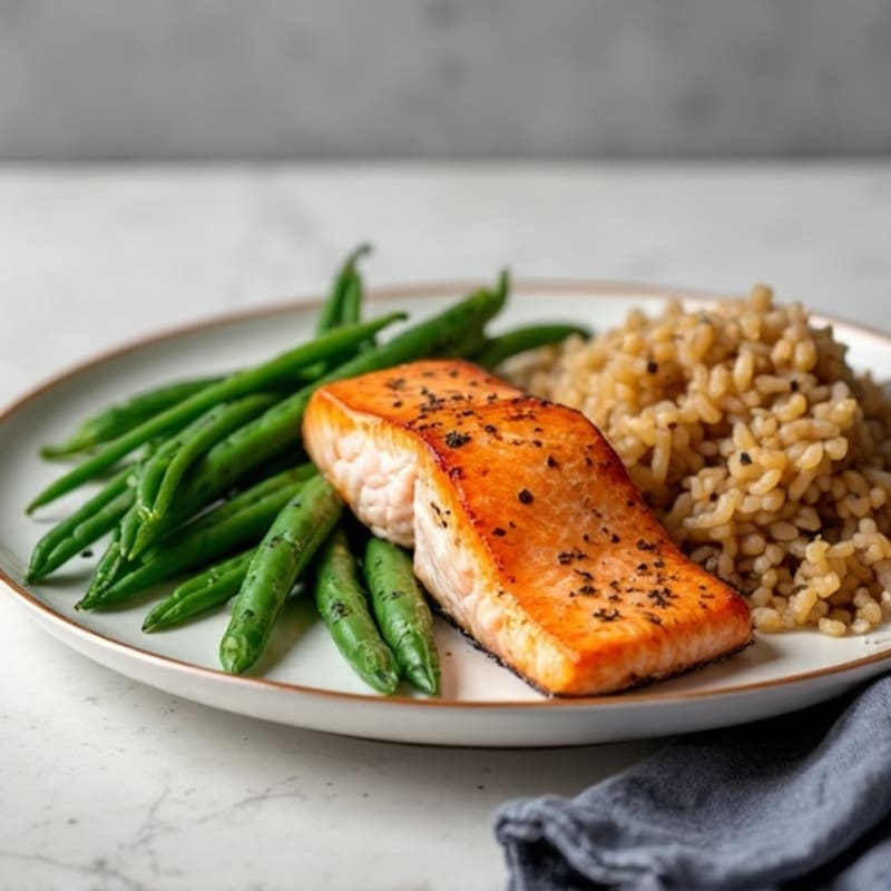 Seared Salmon with Garlic Green Beans and Brown Rice
