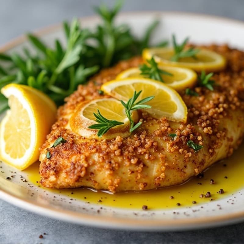 Herb-Crusted Pan Seared Chicken with Lemon Garlic Sauce