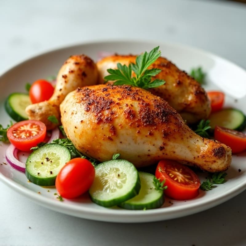 Warmly Spiced Roasted Chicken with Fresh Cucumber Tomato Salad