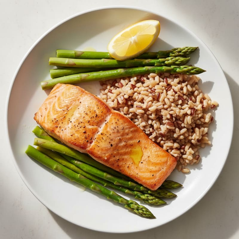 Seared Salmon with Steamed Asparagus and Brown Rice